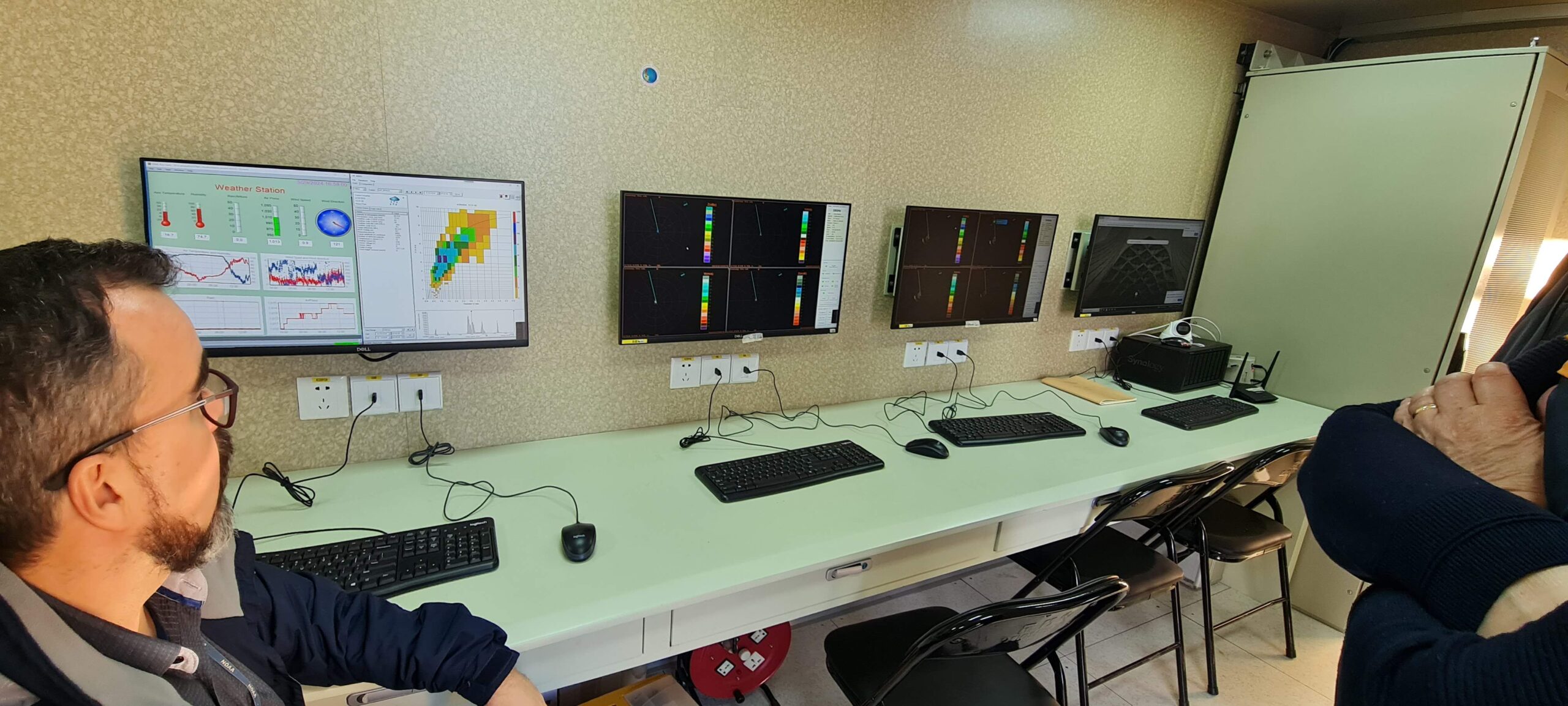 Sala de monitoramento com mapas, radar e séries temporais em várias telas