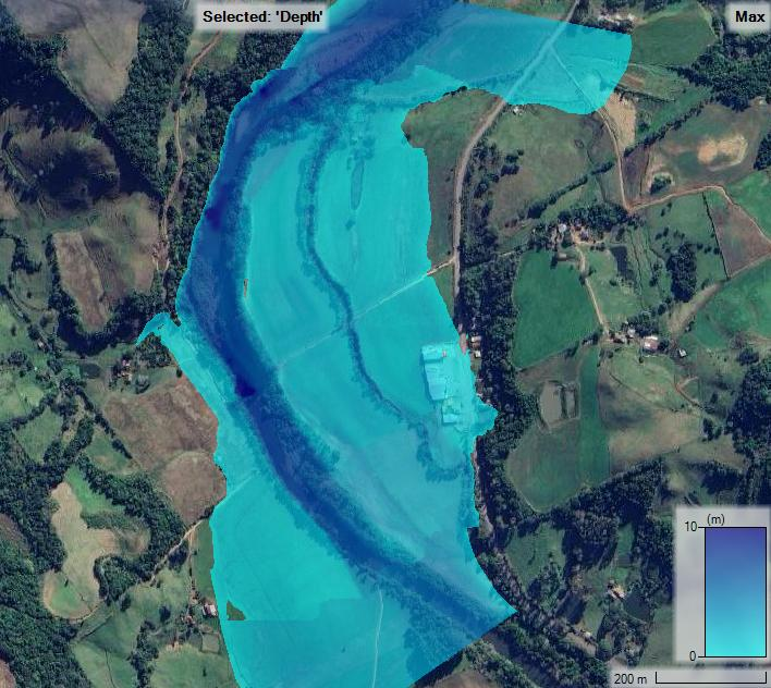 Mancha de inundação simulada no rio Soturno para cenário de 450 anos