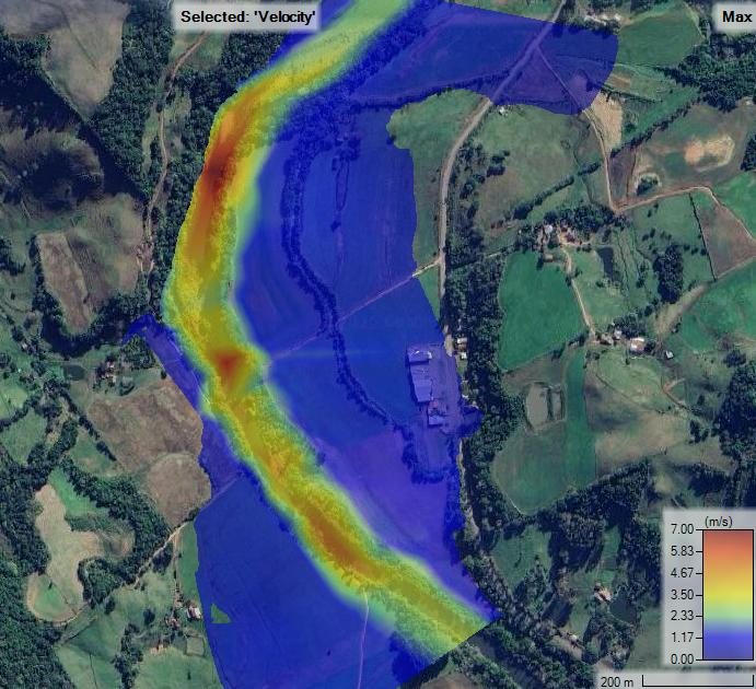 Distribuição de velocidades simulada no rio Soturno para cenário de 450 anos