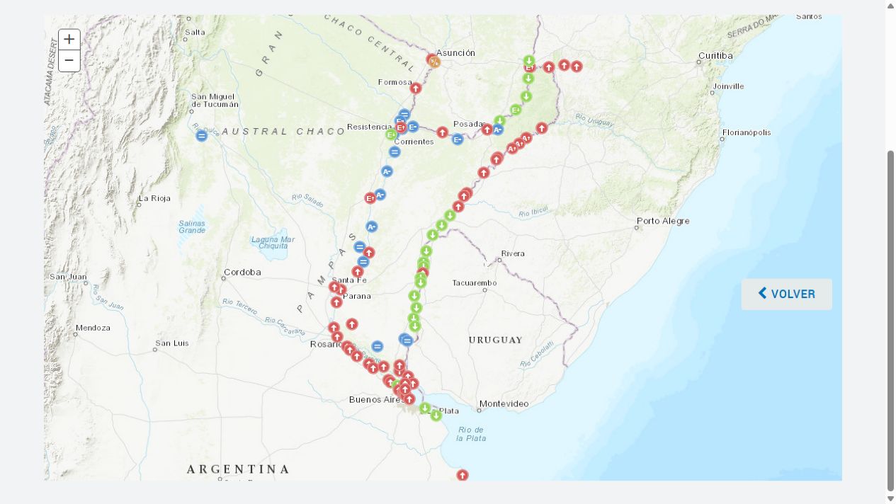 Captura estática PNA: corredor de estaciones de los ríos Paraguay, Paraná y Uruguay; incluye Corrientes, Paso de la Patria y Reconquista
